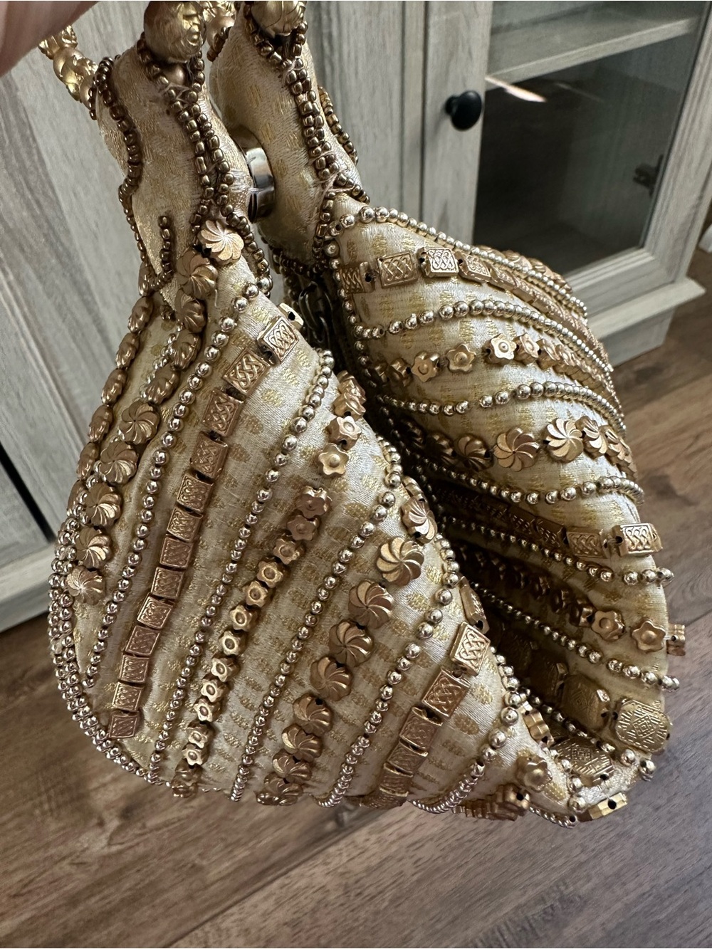 Handicraft Gold Beaded Potli Bag, Vintage Inspired Accents, Lotus Clutch, 11"x7" - Picture 4 of 15